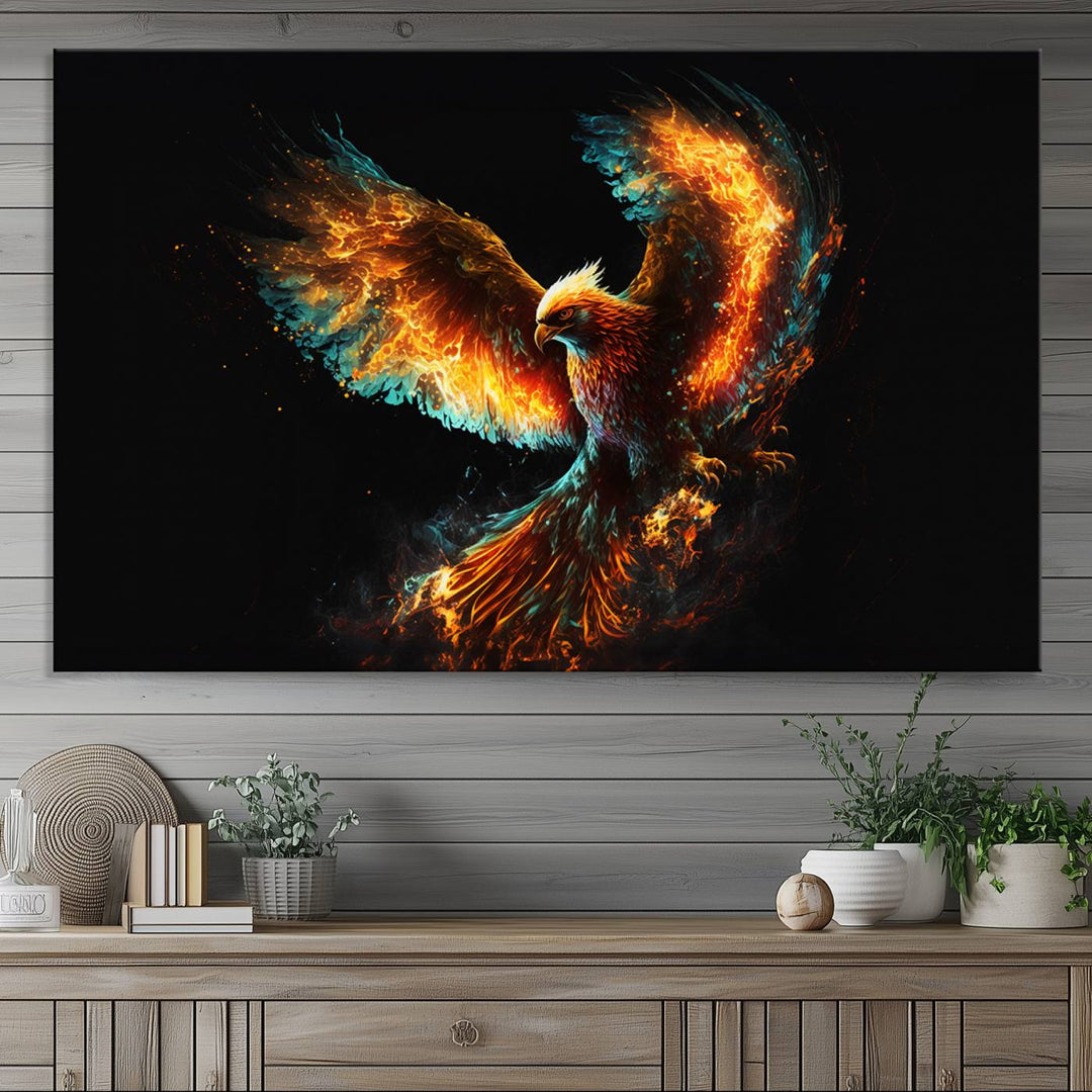 Fiery Phoenix Canvas Print | Ready to Hang Wall Art | Bold Fantasy Decor for Living Room | Majestic Bird Artwork