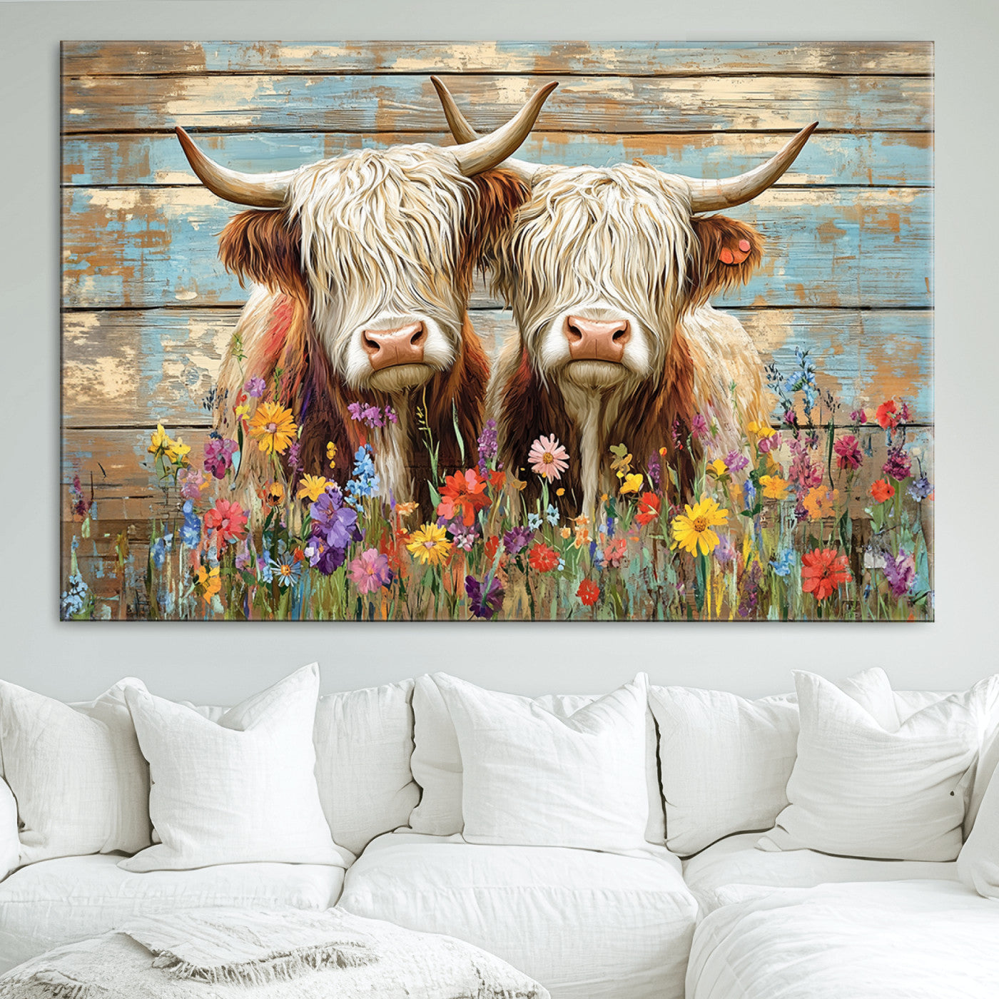 36972-MGV-CV-36X24-Cute Highland Cow Canvas Wall Art - Rustic Farmhouse Decor with Colorful Flowers Perfect Wall Art for Home