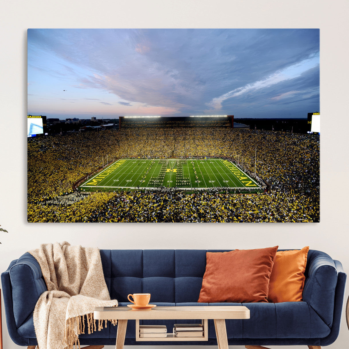 82641-MGV-CV-36X24 - Michigan Stadium Wall Art Canvas Print, Vibrant Game Day Crowd and Sunset Sky Football Field Artwork for Home, Office