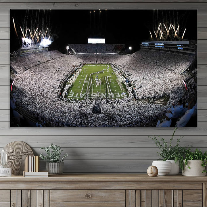 Wide-angle print of a packed stadium with fireworks, ideal gallery-quality wall art - Penn State Nittany Lions Canvas.