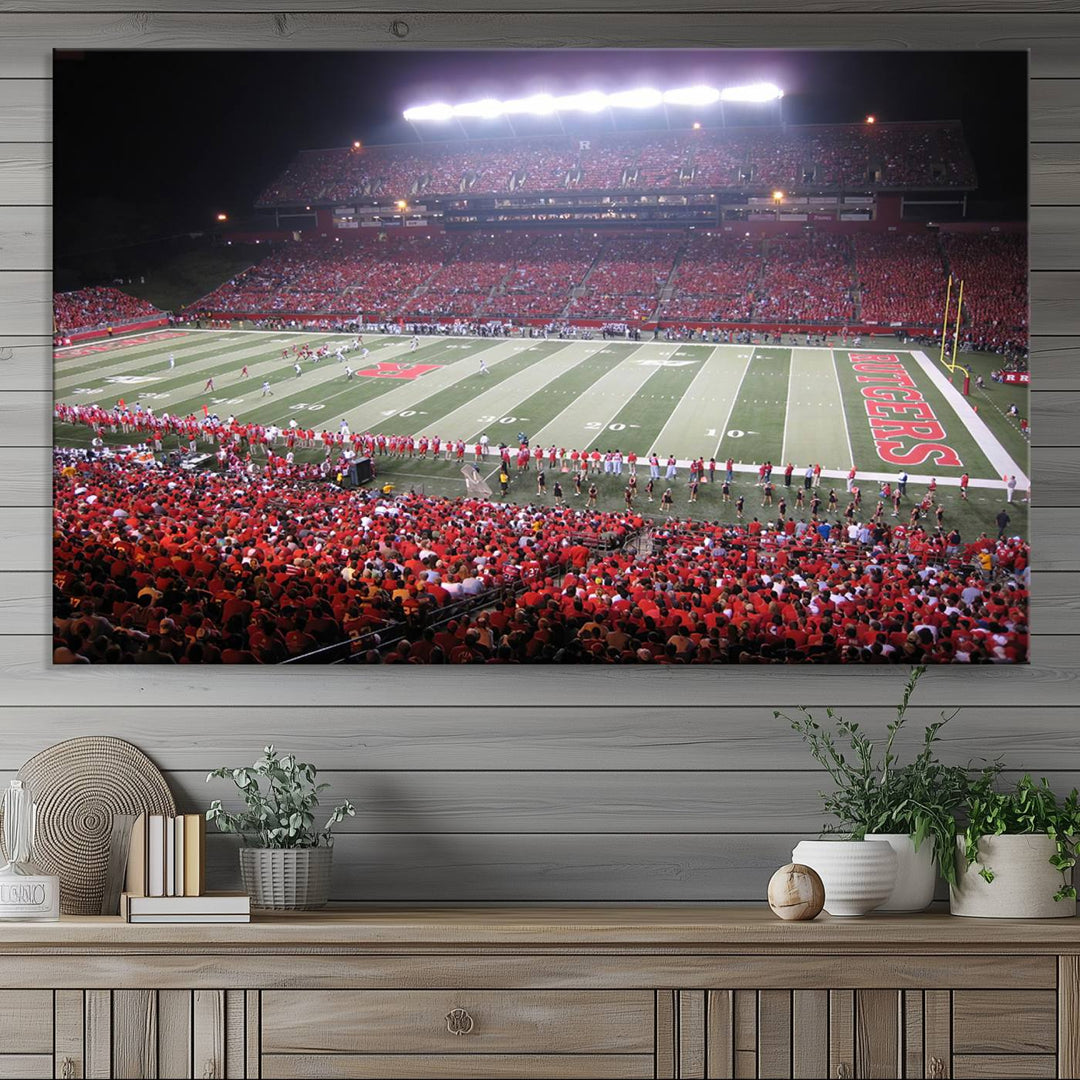 A bustling night game at SHI Stadium is captured as Rutgers Scarlet Knights wall art on a gallery-quality canvas print.