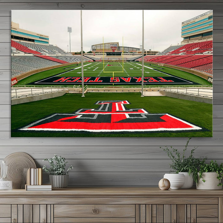 Gallery-quality print of Lubbock Jones AT&T Stadium featuring the Texas Tech Red Raiders field, highlighted by red and gray bleachers.