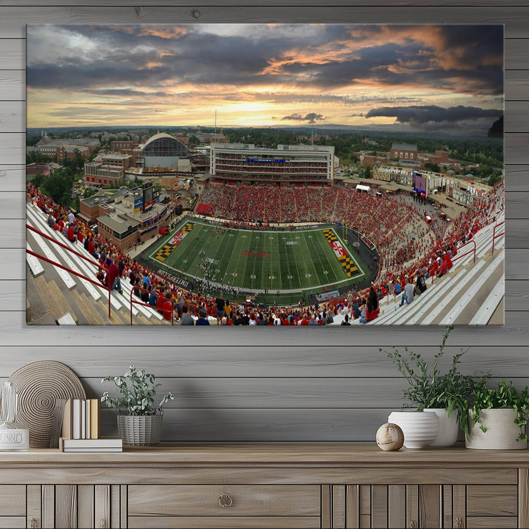 The University of Maryland Terrapins Football Team Print features SECU Stadium at sunset with vibrant skies.