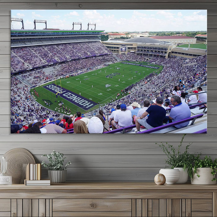 Amon G. Carter Stadium wall art canvas showcasing the TCU Horned Frogs and packed stands at Fort Worth.