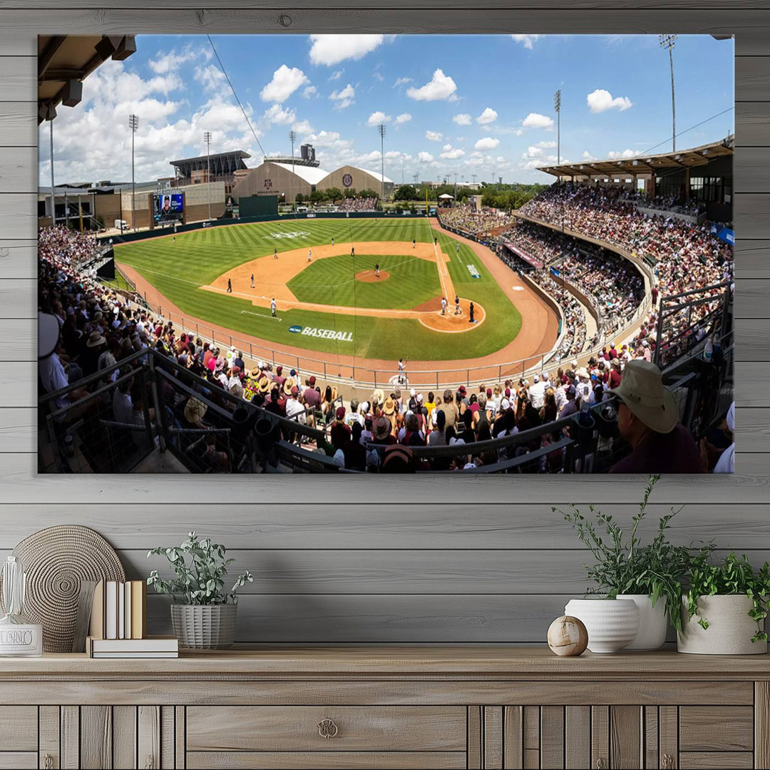 A baseball stadium under a blue sky, capturing the energy of The Texas A&M Aggies Athletics Kyle Field Wall Art.