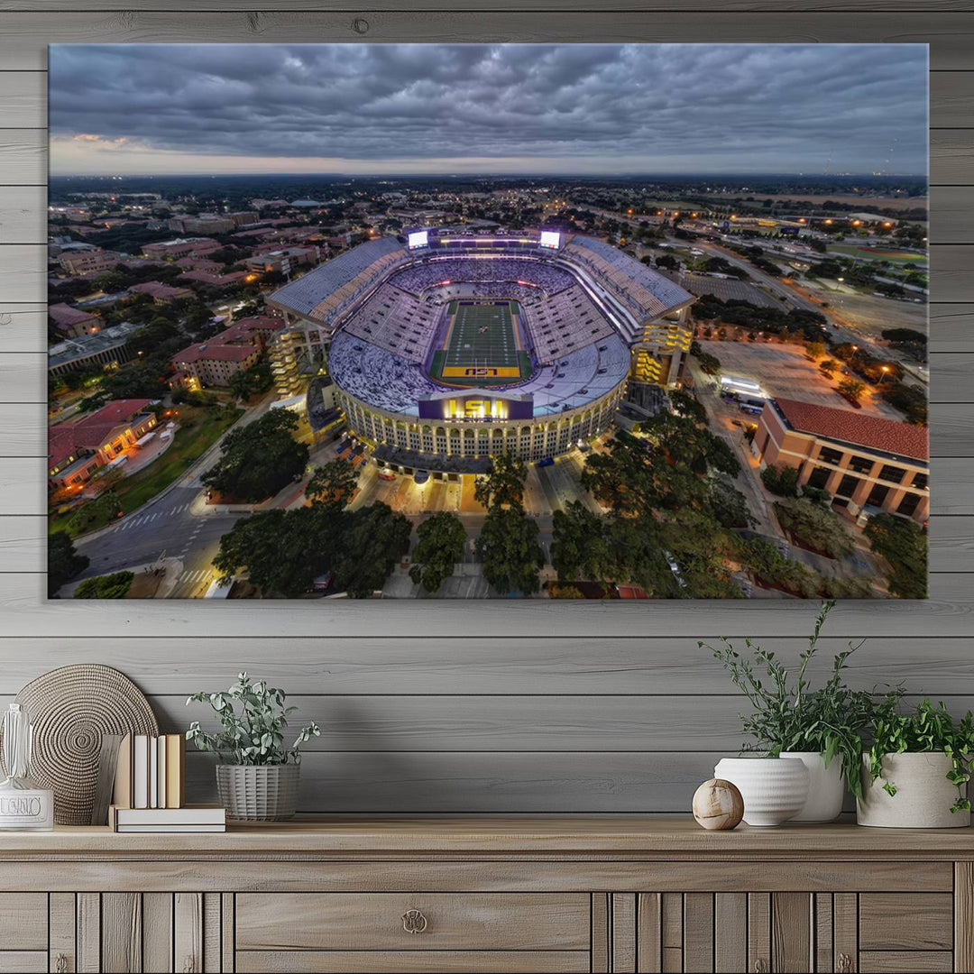 The LSU Tigers Football Team Baton Rouge Tiger Stadium Canvas is displayed prominently, capturing attention with its vivid depiction of the iconic stadium.