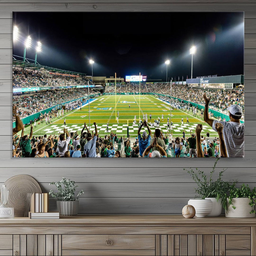 This vibrant wall art canvas print captures the excitement of fans cheering for the Tulane Green Wave Football Team under the lights of Yulman Stadium.