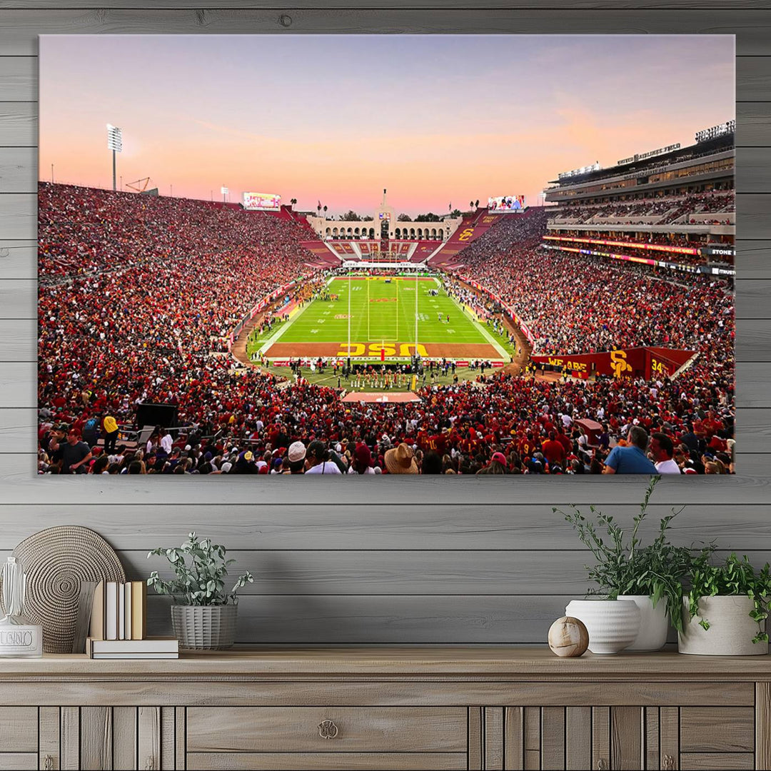 A USC Trojans wall art canvas print highlights the scene, depicting the Coliseum Stadium at sunset.