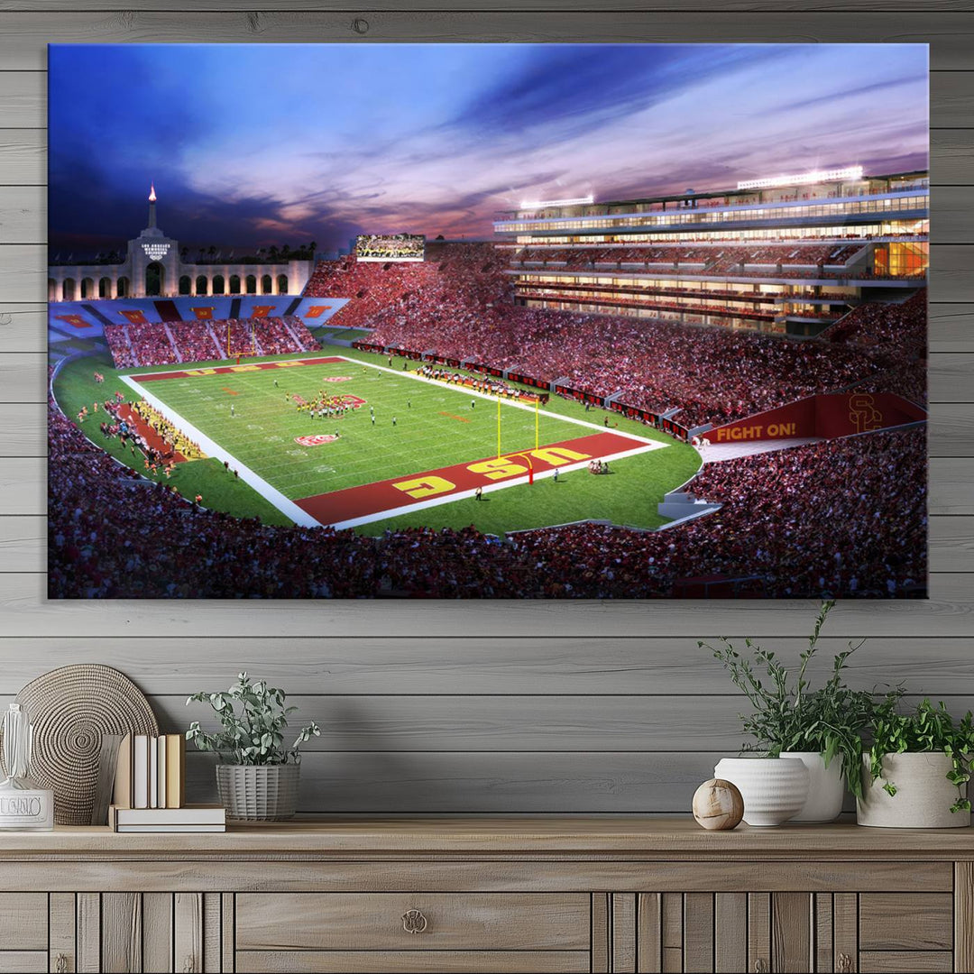 A vibrant painting of fans cheering for The University of Southern California USC Trojans under bright stadium lights.