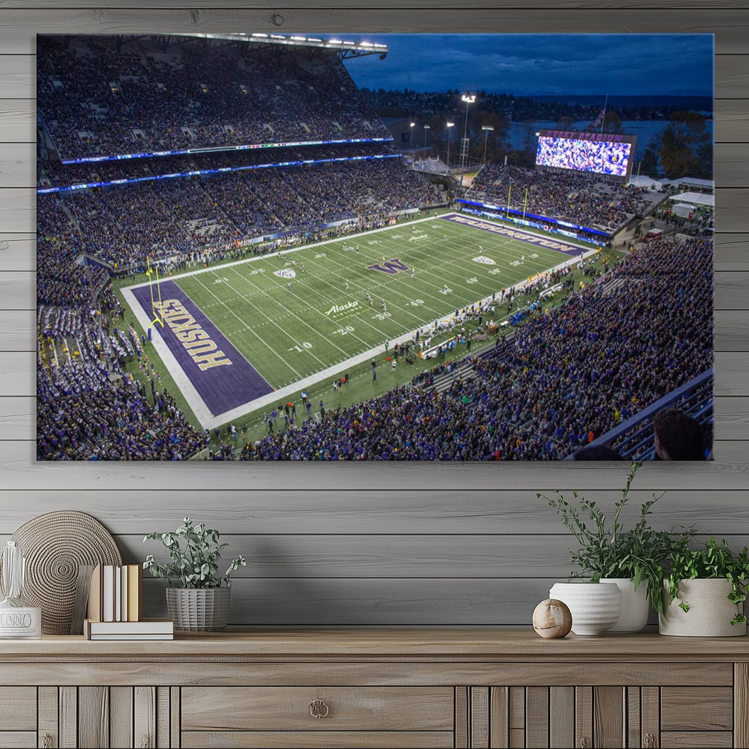 The University of Washington Huskies Football Team Print: Seattle Husky Stadium Wall Art Canvas captures a dusk stadium view.