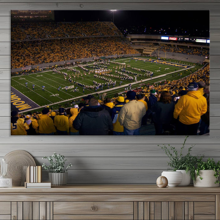 West Virginia Uni Mountaineers Football Team Print - Milan Puskar Stadium Canvas Print Wall Art, Morgantown Print