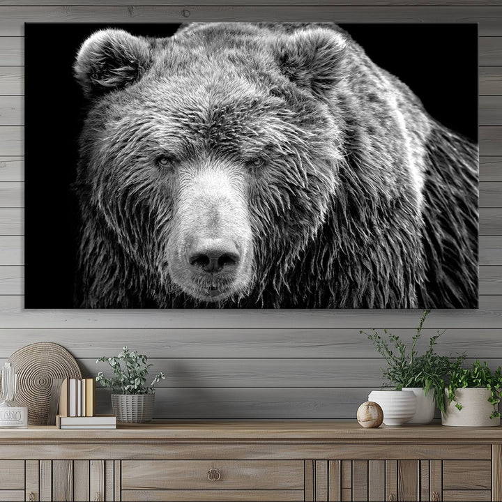 The 399 Grizzly Bear Canvas Print is displayed prominently on a wall in a modern living room.