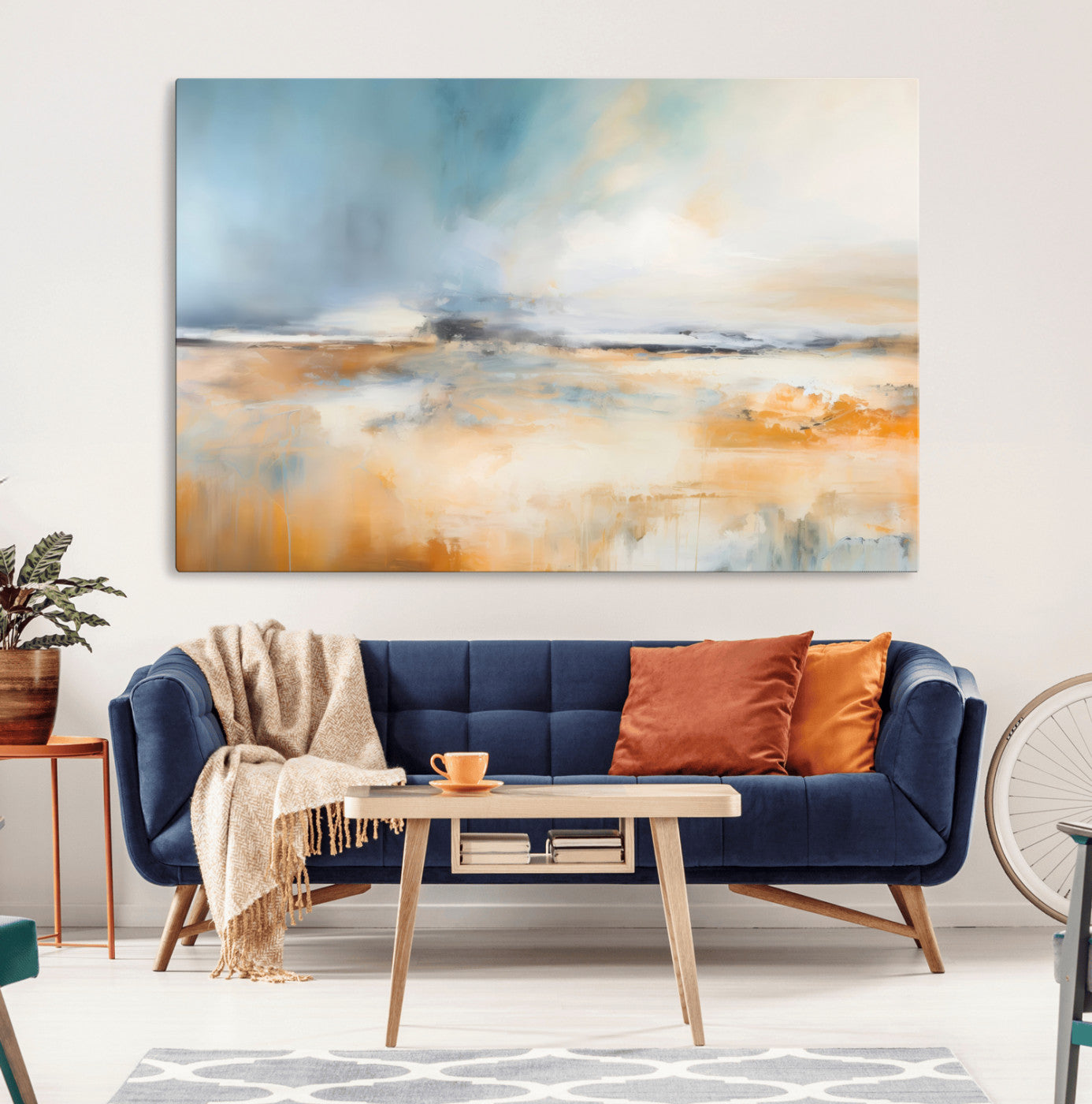 -Abstract Landscape Wall Art Canvas Print - Warm Tones of Orange and Blue, Modern Framed Art for Home