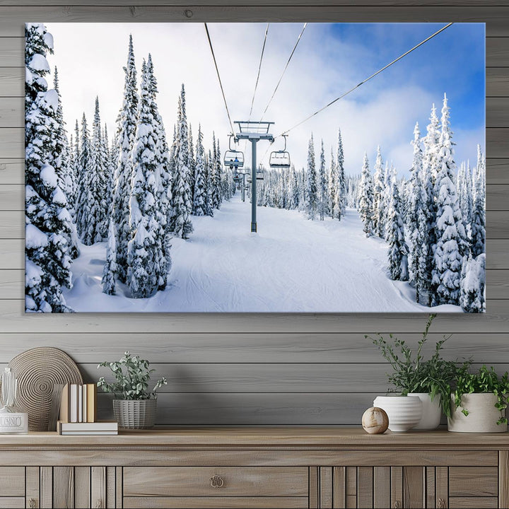 Winter Ski Lift Landscape Wall Art | Snowy Mountain Adventure | Framed and Ready to Hang | Perfect for Cabin Wall Art, Farmhouse Decor