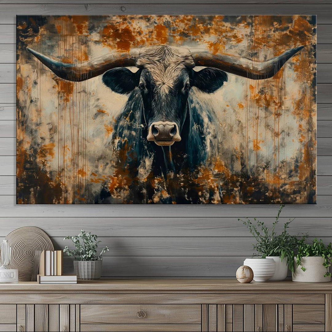 Abstract Longhorn Bull Wall Art | Rustic Western Wall Decor | Framed and Ready to Hang | Ideal for Farmhouse, Lodge, and Barn Decor