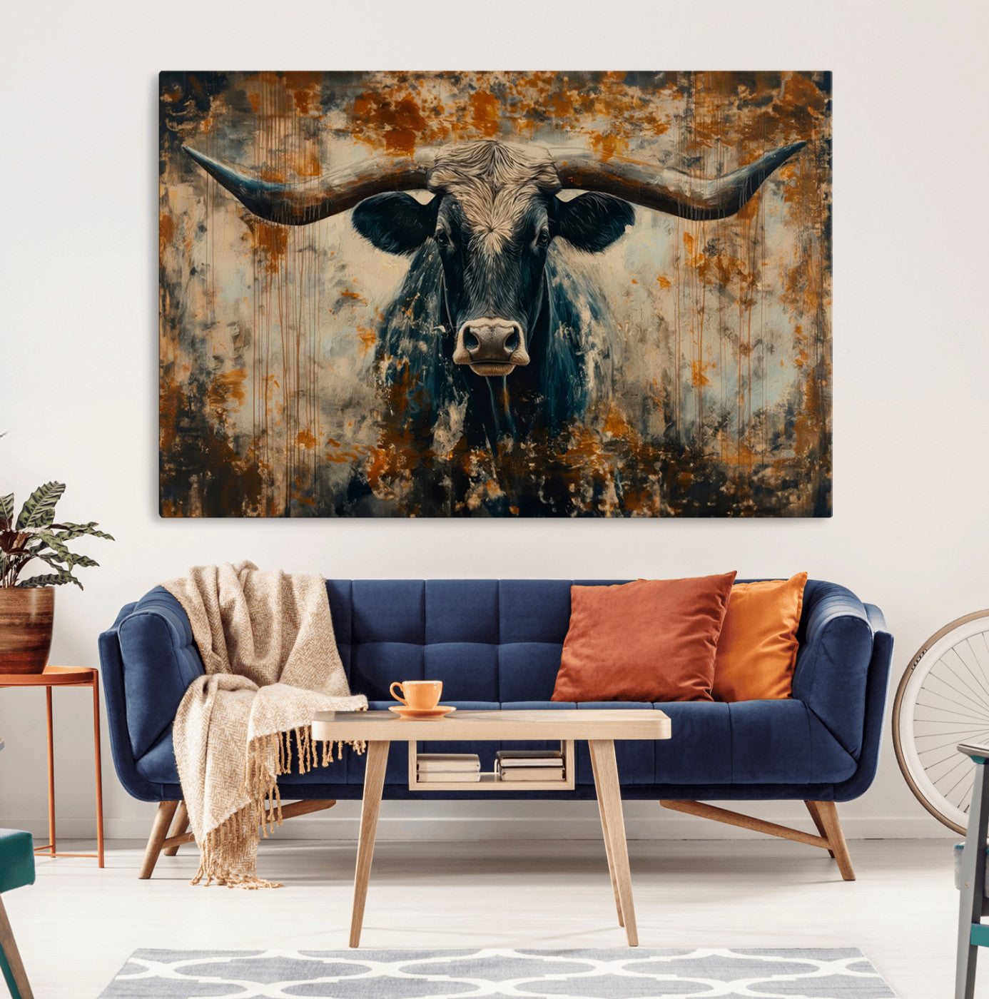 MGV-CV-36X24 - Abstract Longhorn Bull Wall Art | Rustic Western Wall Decor | Framed and Ready to Hang | Ideal for