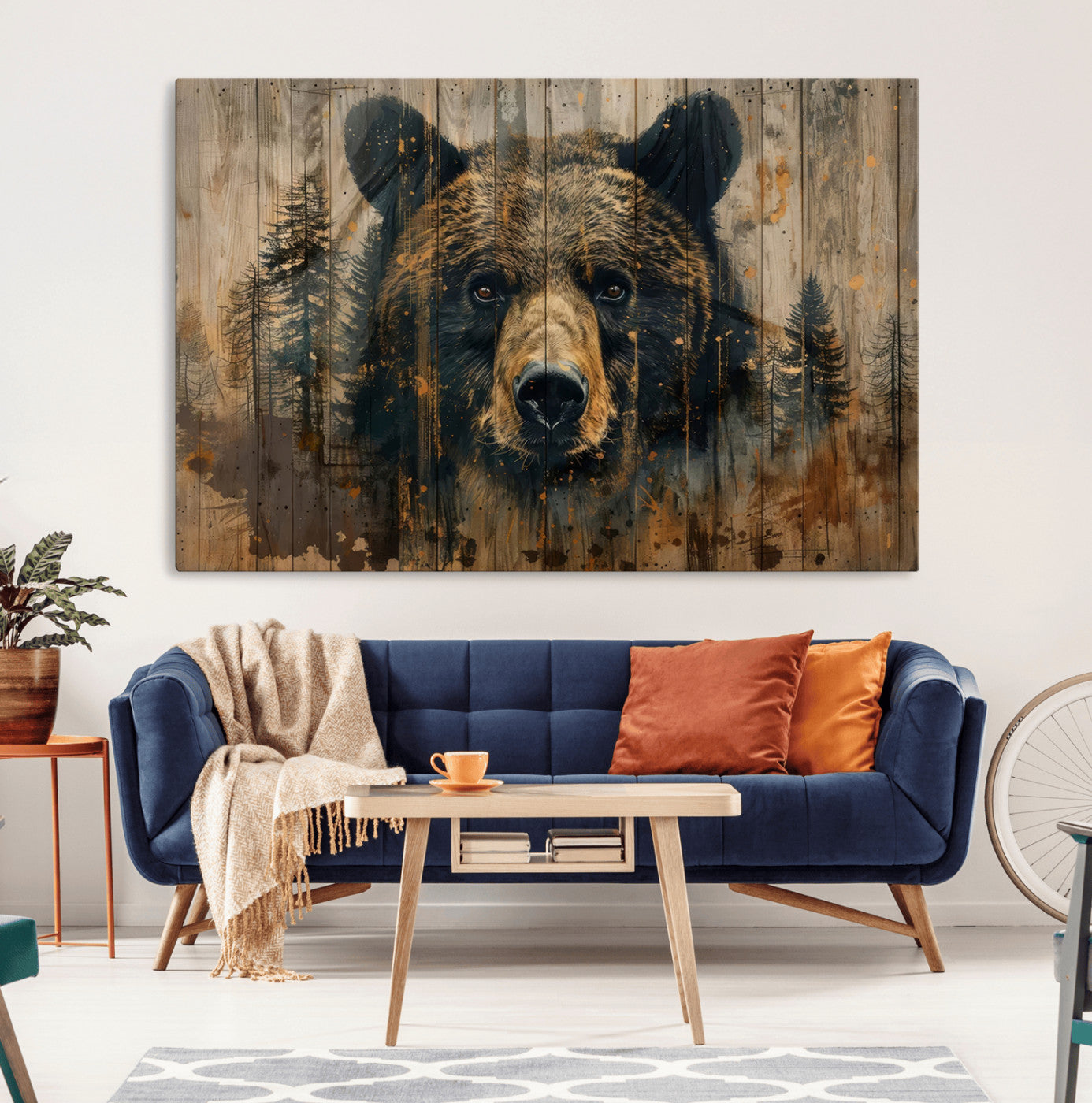 MGV-CV-36X24 - Abstract 399 Bear Wall Art | Rustic Cabin Wall Decor with Forest Design | Framed and Ready to Hang |