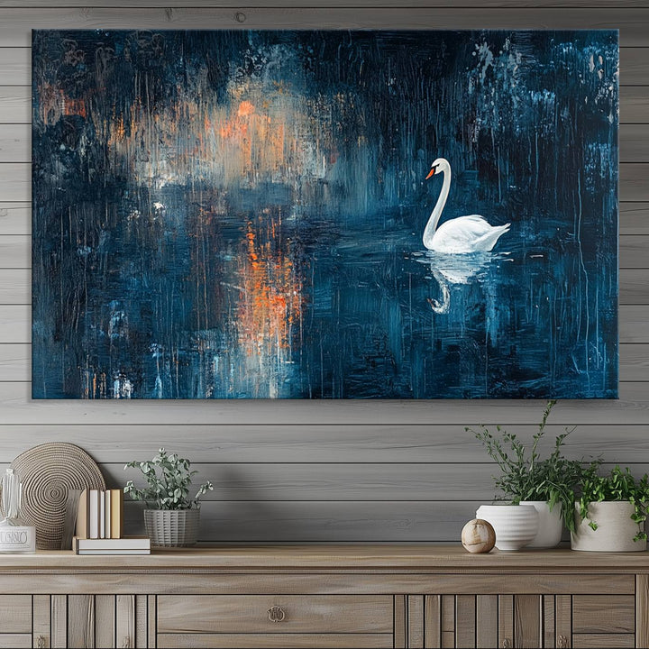 Abstract Swan Wall Art | Moody Blue and Orange Swan Painting on Canvas | Framed and Ready to Hang | Elegant and Modern Art for Living Room or Bedroom Decor