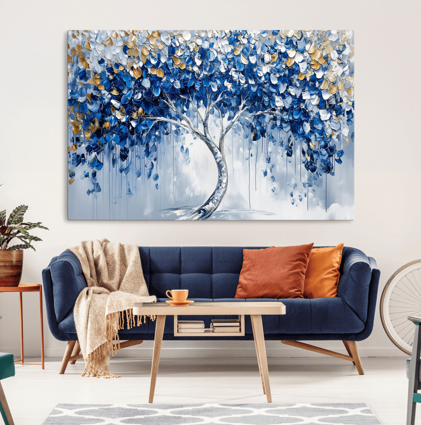 MGV-CV-36X24 - Blue and Gold Abstract Tree Wall Art Canvas Print | Modern Tree of Life Painting | Framed Canvas