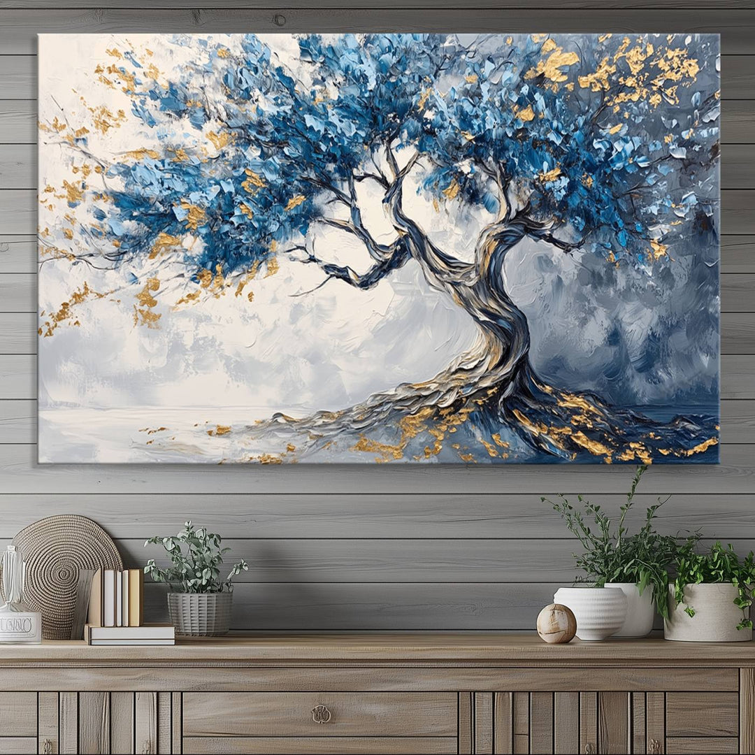 Elegant Abstract Tree Canvas Wall Art | Tree of Life Painting | Textured Art in Blue and Gold | Framed & Ready to Hang for Modern Living Room Decor