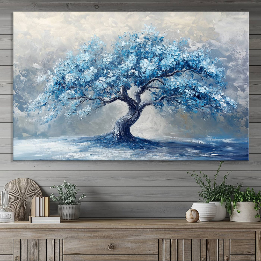 Serene Abstract Blue Tree Wall Art | Canvas Print of a Majestic Tree in Blue Hues | Perfect for Farmhouse, Coastal, and Modern Decor