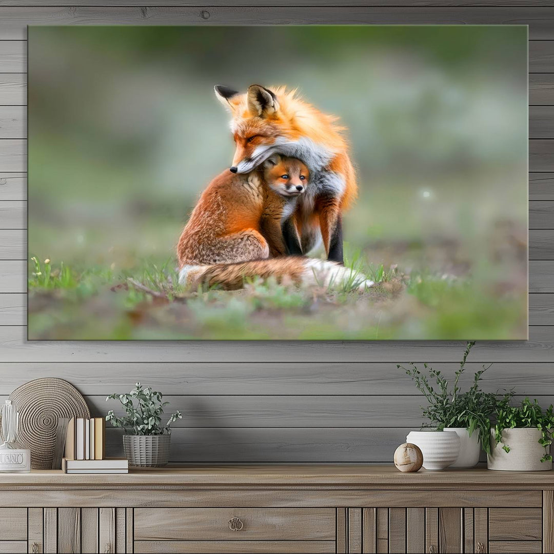 Heartwarming Fox and Baby Cub Wall Art | Ready to Hang Canvas Print of Foxes in Nature | Perfect for Animal Lovers, Rustic Decor, and Cabin Wall Art