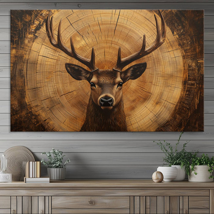 Deer Wall Art Canvas Print | Ready to Hang Canvas Print of a Stag with Rustic Tree Rings | Perfect for Farmhouse Wall Decor, Cabin Wall Art