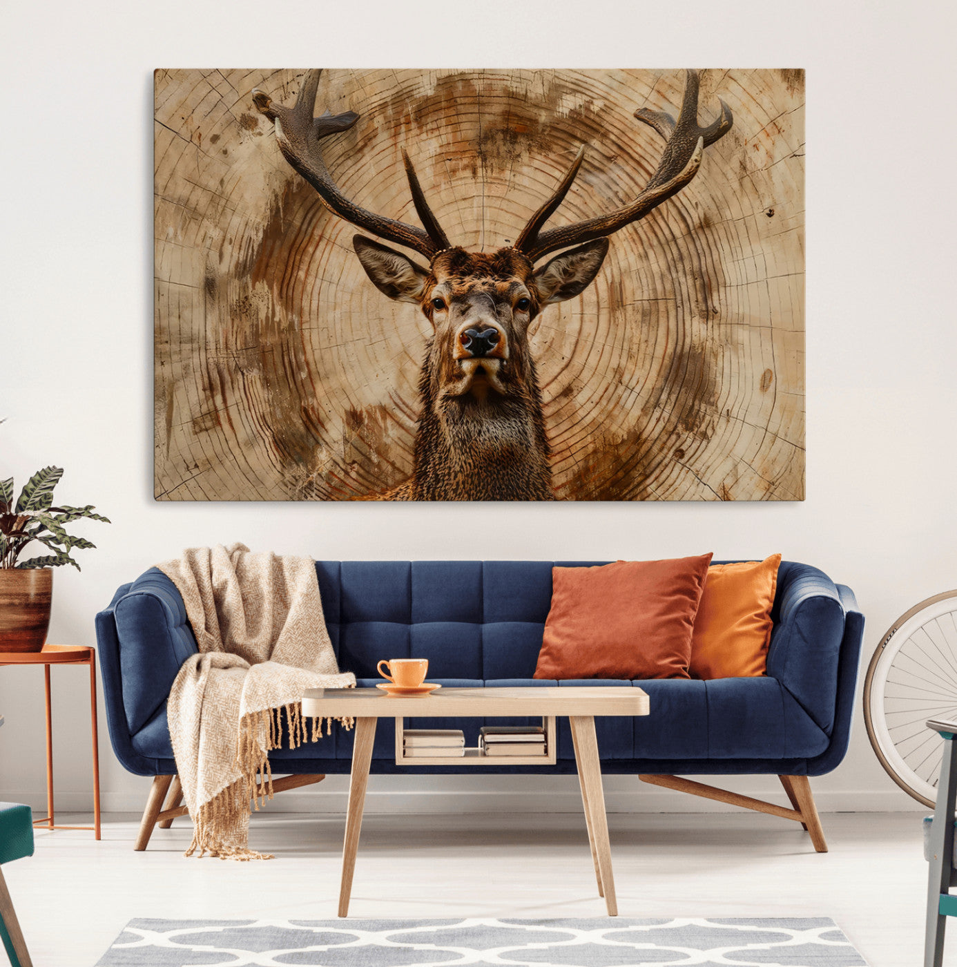 19375-MGV-CV-36X24-Wood Abstract Deer Wall Art | Rustic Wildlife Canvas Print | Ready to Hang Stag Head Triptych for
