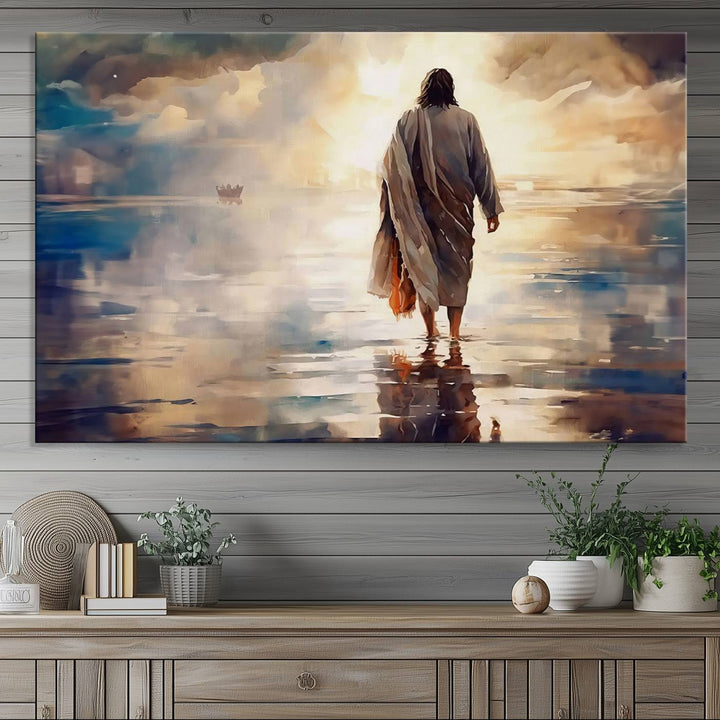 Jesus Walking on Water Wall Art | Ready to Hang Spiritual Triptych Canvas Print | Inspirational Christian Decor for Home or Church