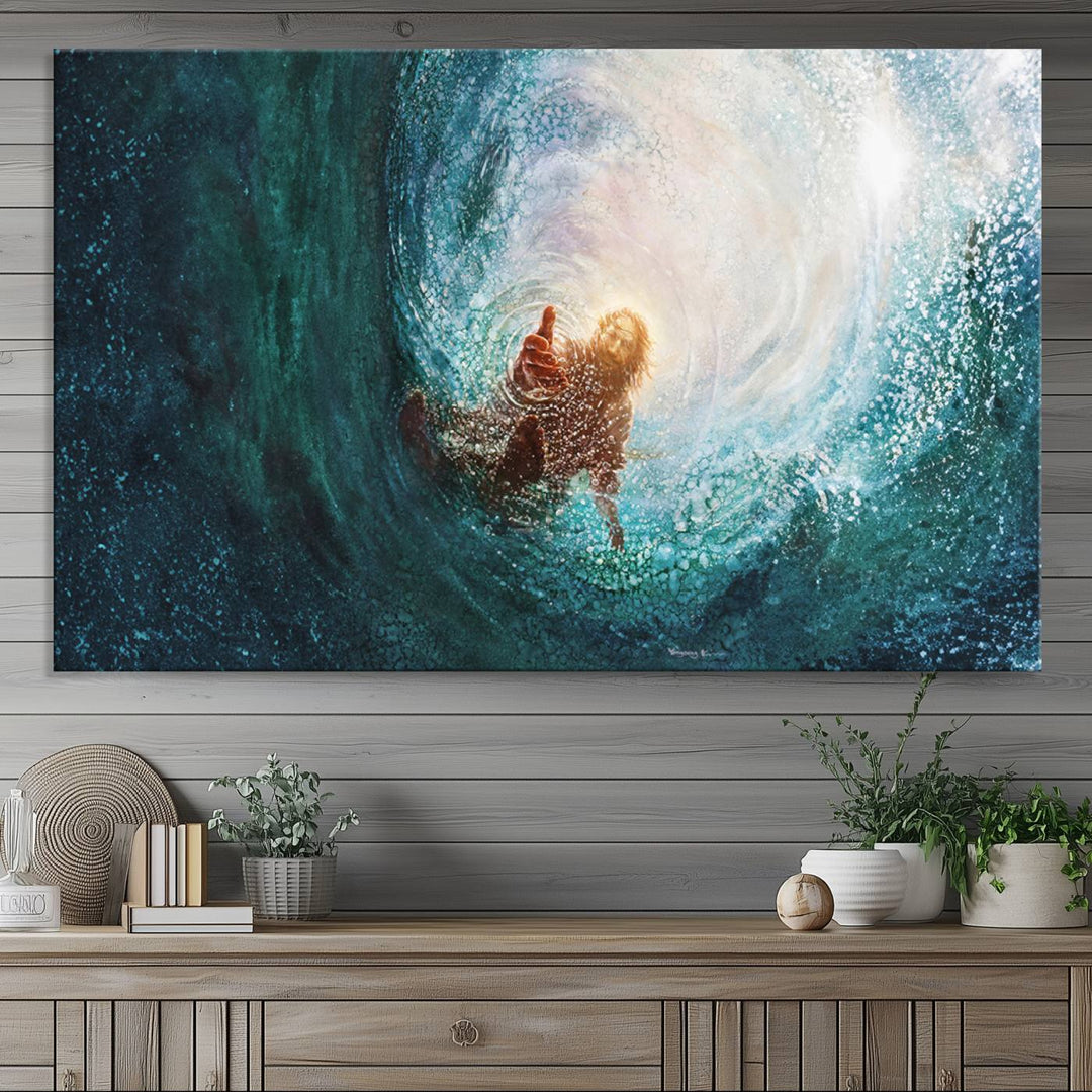 Powerful Jesus Canvas Print - Hand of Salvation, Inspirational Wall Art - Framed, Ready to Hang for Home or Religious Spaces