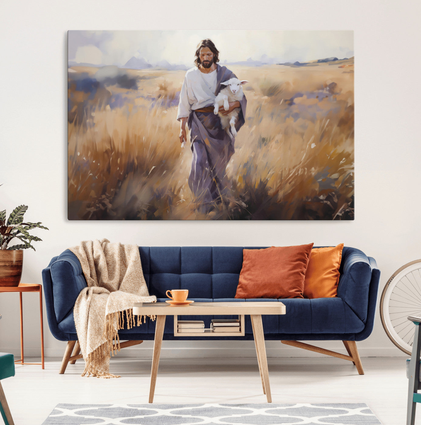 15645-MGV-CV-36X24-Jesus the Good Shepherd Wall Art Canvas Print - Lost Lamb Print for Prayer Room Decor