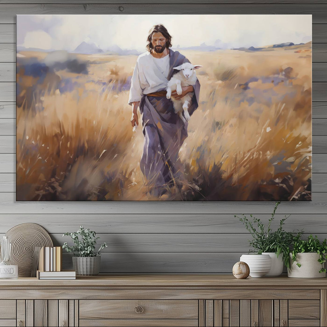 Jesus the Good Shepherd Wall Art Canvas Print - Lost Lamb  Print for Prayer Room Decor