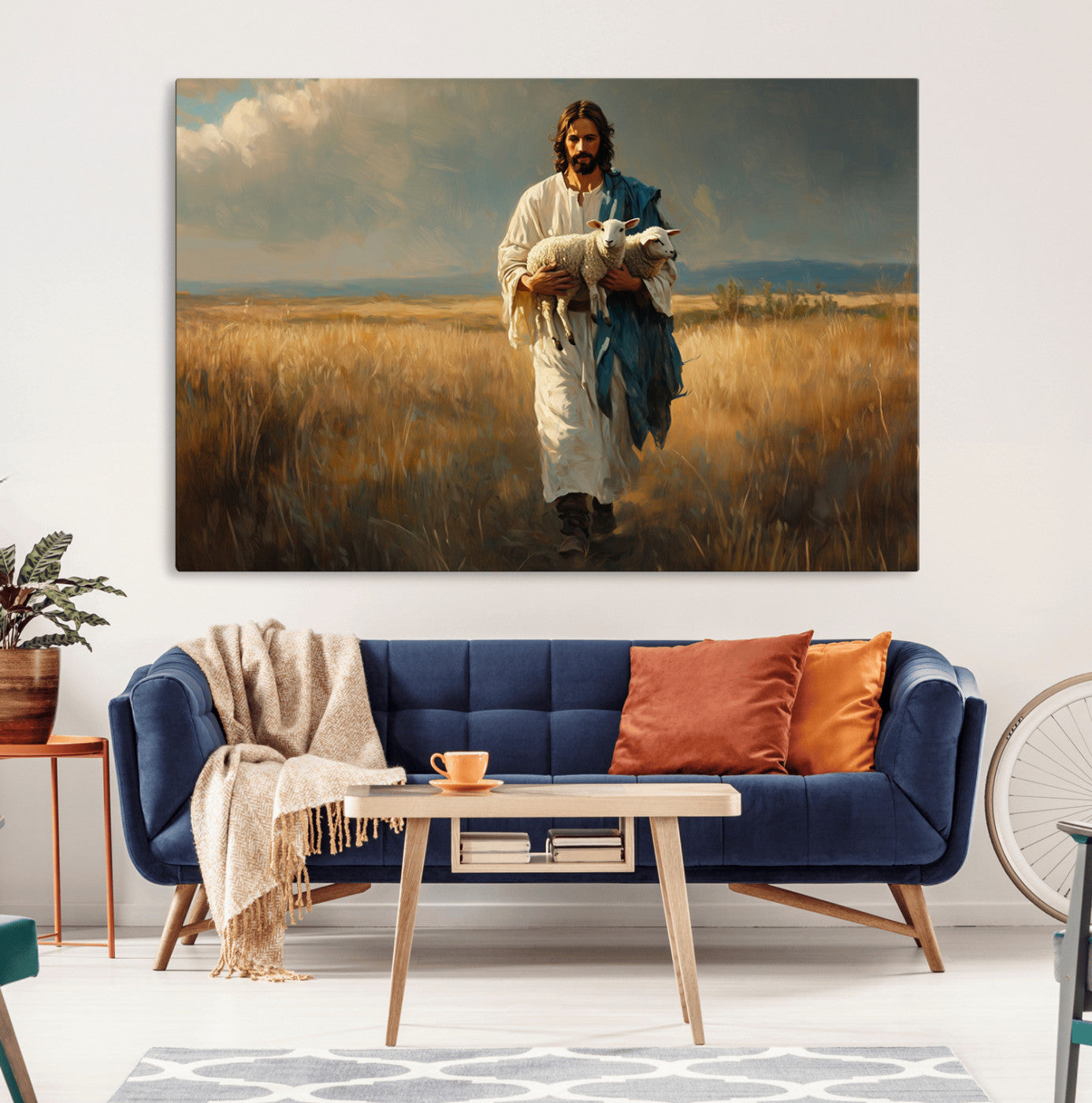 MGV-CV-36X24 - Jesus Shepherd Wall Art | Ready to Hang Triptych Canvas of Jesus Holding a Lamb in a Field |