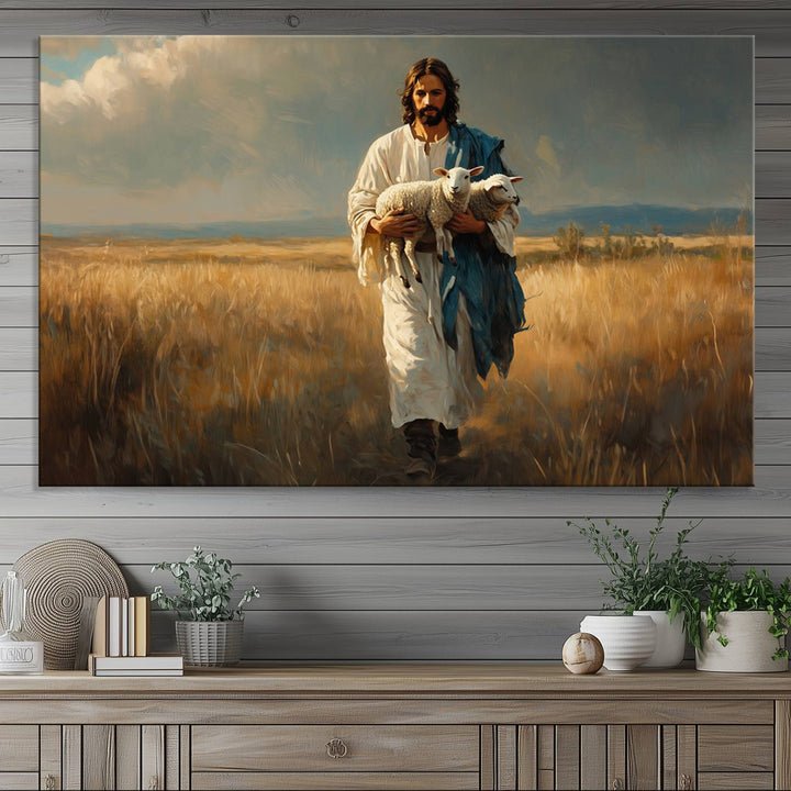 Jesus Shepherd Wall Art | Ready to Hang Triptych Canvas of Jesus Holding a Lamb in a Field | Inspirational Christian Decor for Home