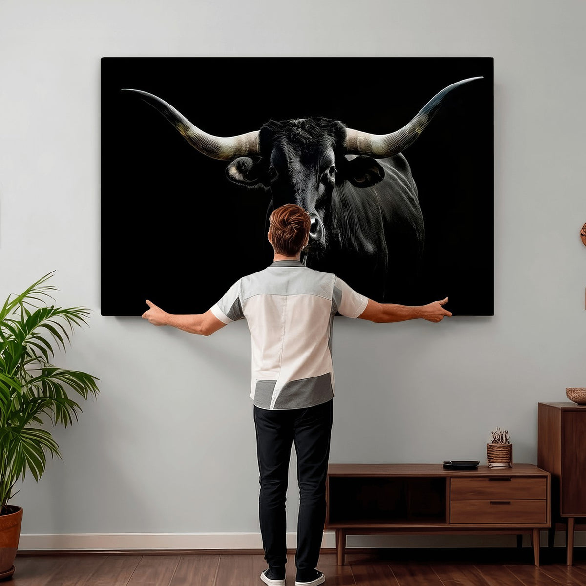 20679-MGV-CV-24X16 - Texas Black Longhorn Bull Wall Art Canvas Print, Western Cattle Rustic Decor
