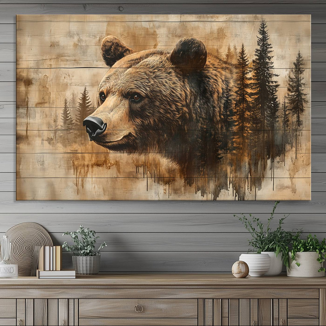 Abstract Rustic Grizzly Bear Wall Art Canvas Print - Woodland Wildlife Forest Print for Farmhouse Decor