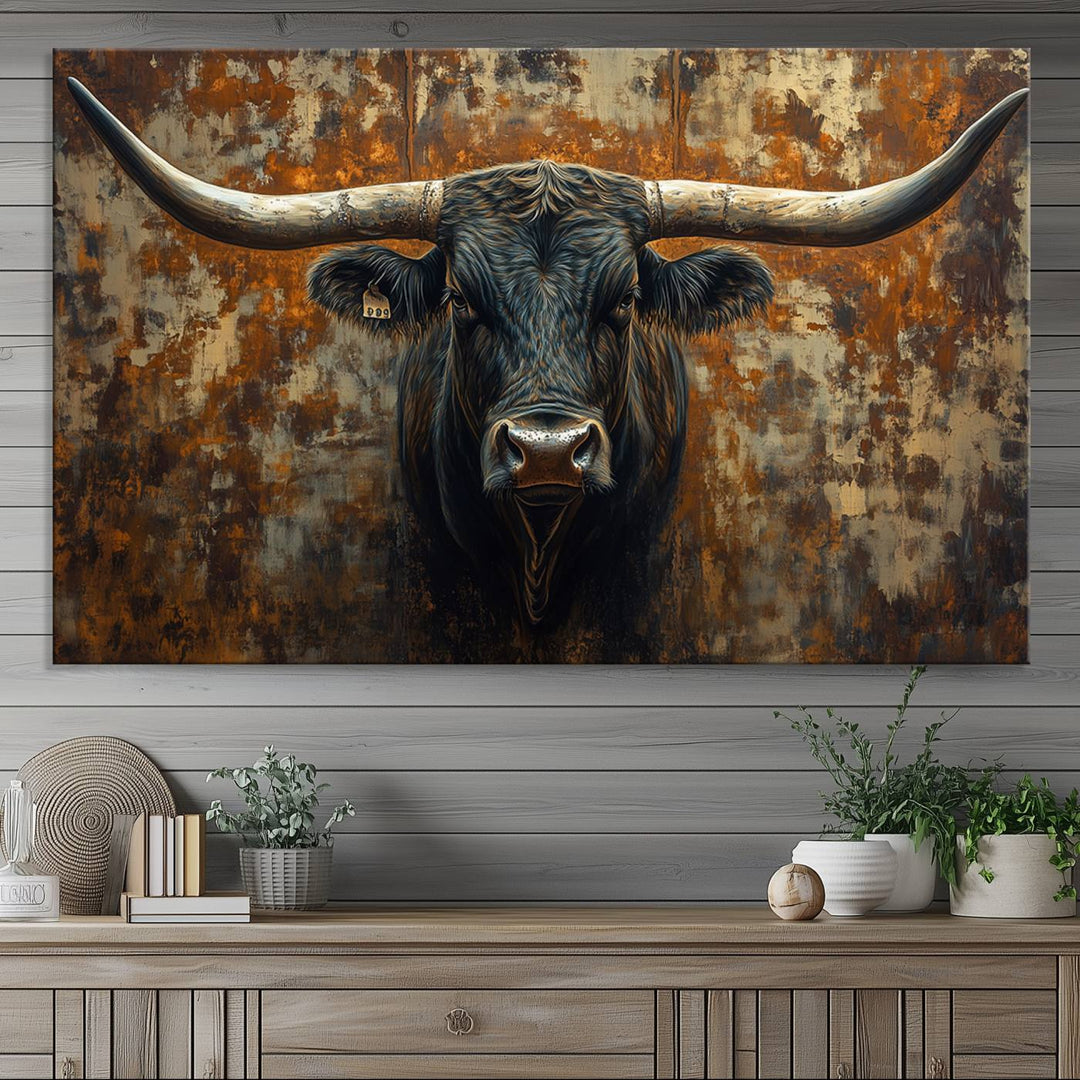 Abstract Longhorn Texas Bull Wall Art | Rustic Farmhouse Canvas Print | Ready to Hang Barn Decor for Farmhouse and Cabin Style