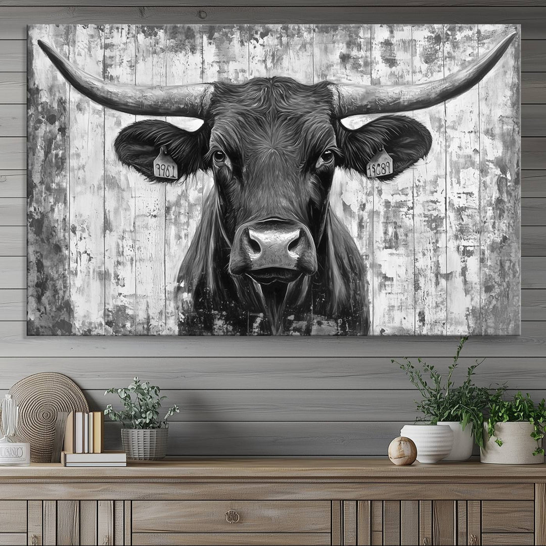 Abstract Longhorn Bull Wall Art Canvas Print - Rustic Texas Western Cow Artwork