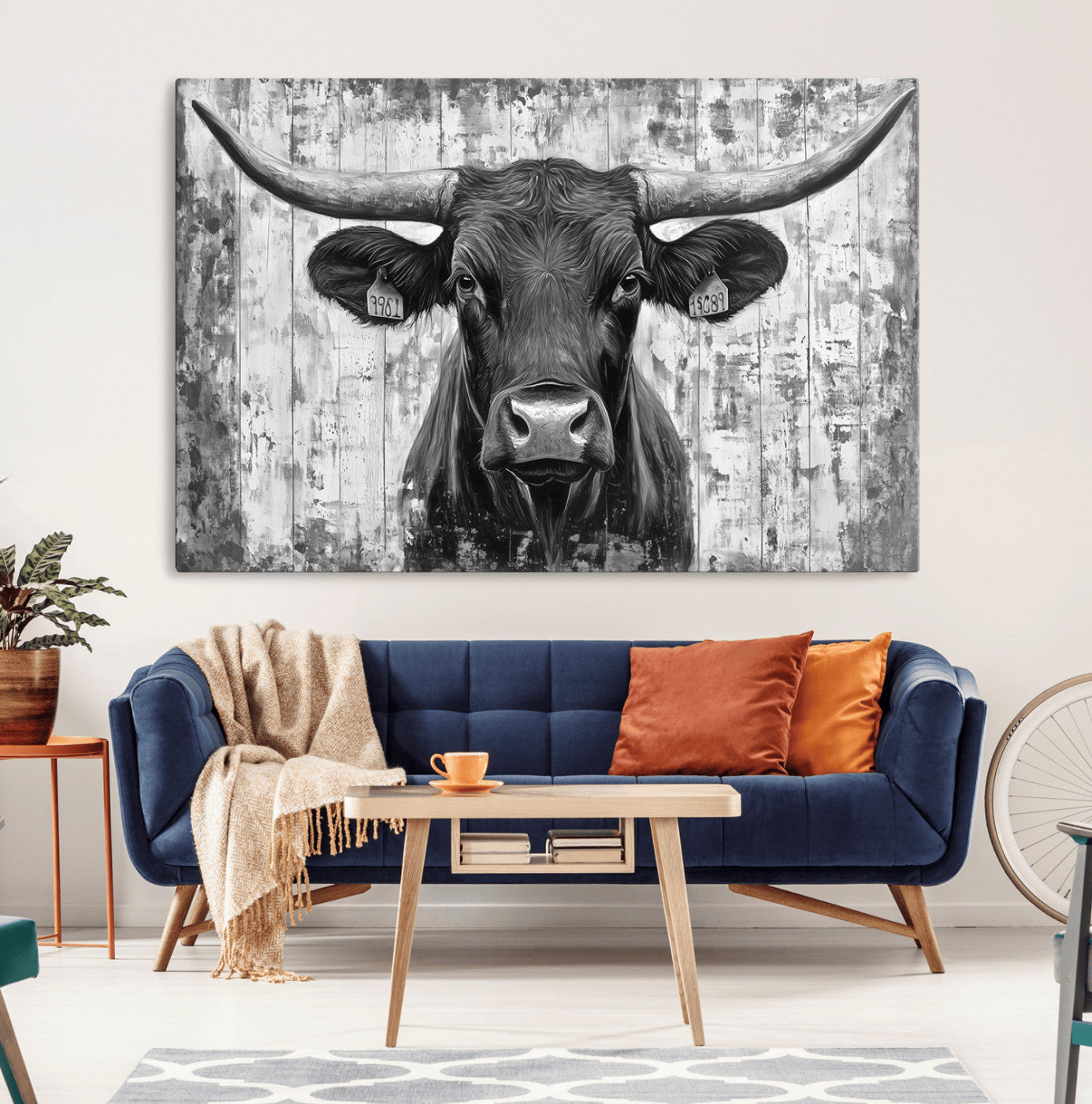 MGV-CV-36X24 - Abstract Longhorn Bull Wall Art Canvas Print - Rustic Texas Western Cow Artwork