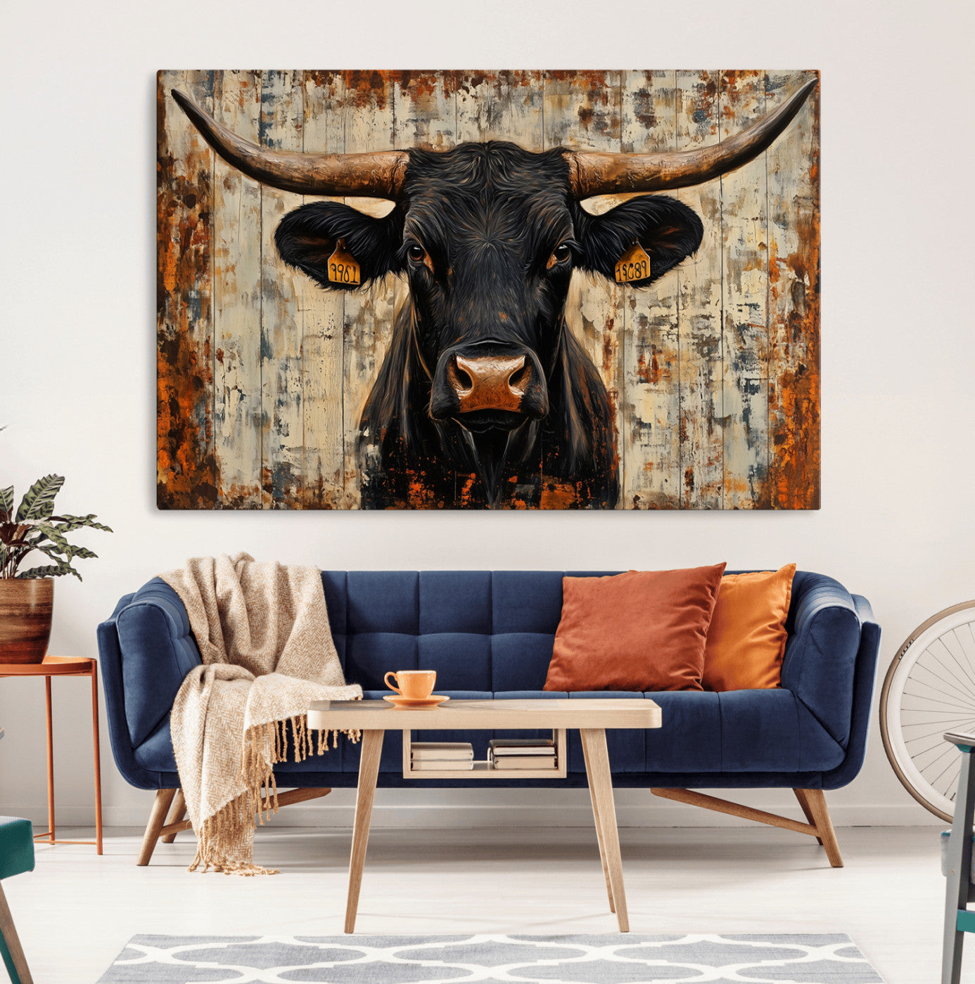 MGV-CV-36X24 - Rustic Texas Artwork Wall Art Canvas Print - Abstract Cow Longhorn Bull Wall Art Canvas Print