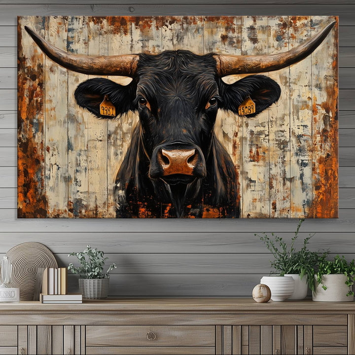 Abstract Cow Longhorn Bull Wall Art Canvas Print - Rustic Texas Western Cattle Artwork