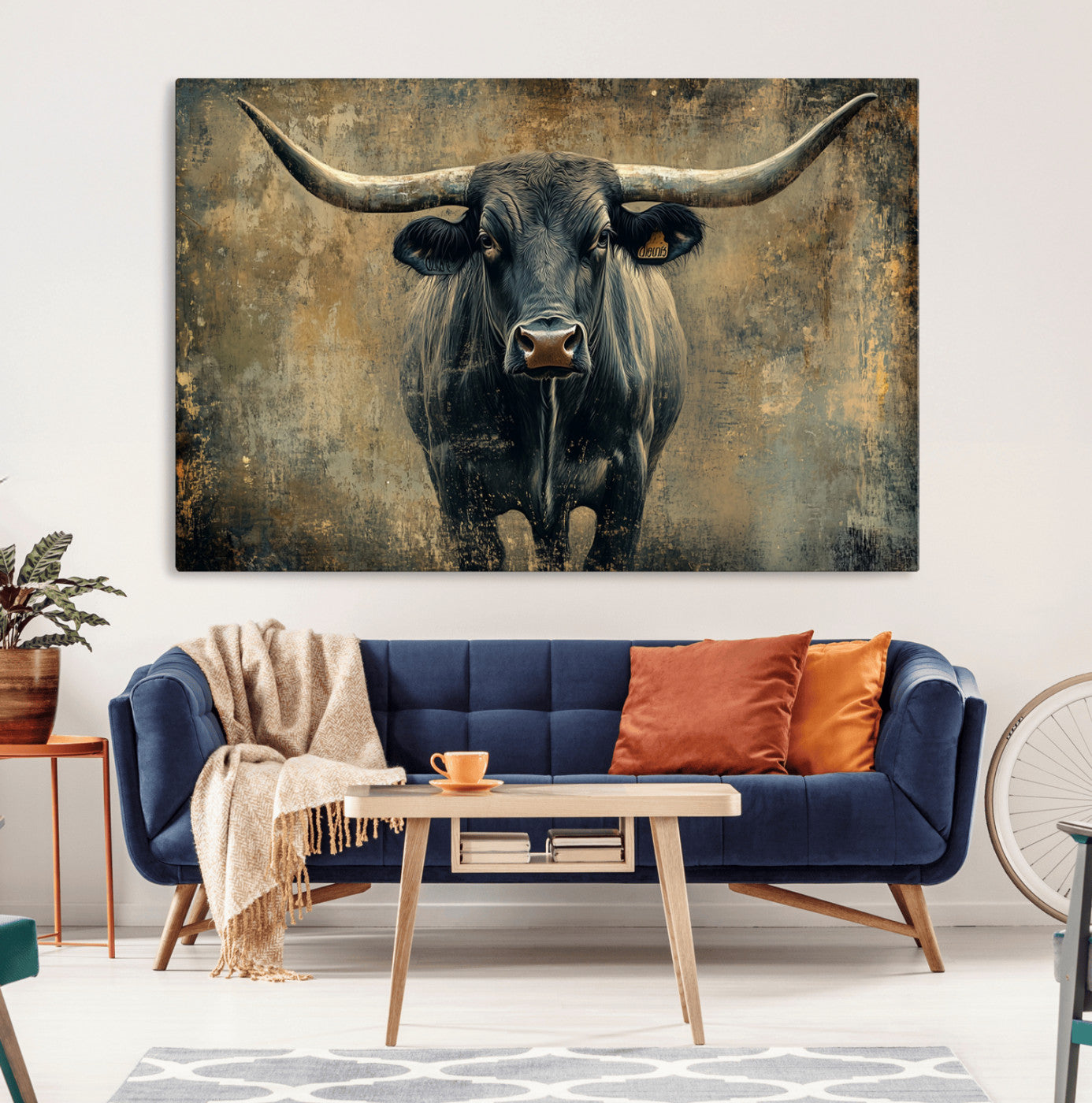 MGV-CV-36X24 - Longhorn Bull Wall Art Canvas Print, Framed Rustic Cow Art Picture Print, Texas Longhorn Perfect Western Decor Artwork