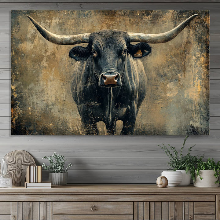 Abstract Cow Longhorn Bull Wall Art Canvas Print - Rustic Texas Western Cattle Artwork