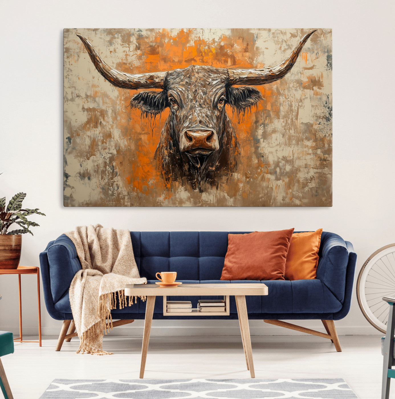 MGV-CV-36X24 - Abstract Cow Longhorn Bull Wall Art Canvas Print - Rustic Texas Western Cattle Artwork