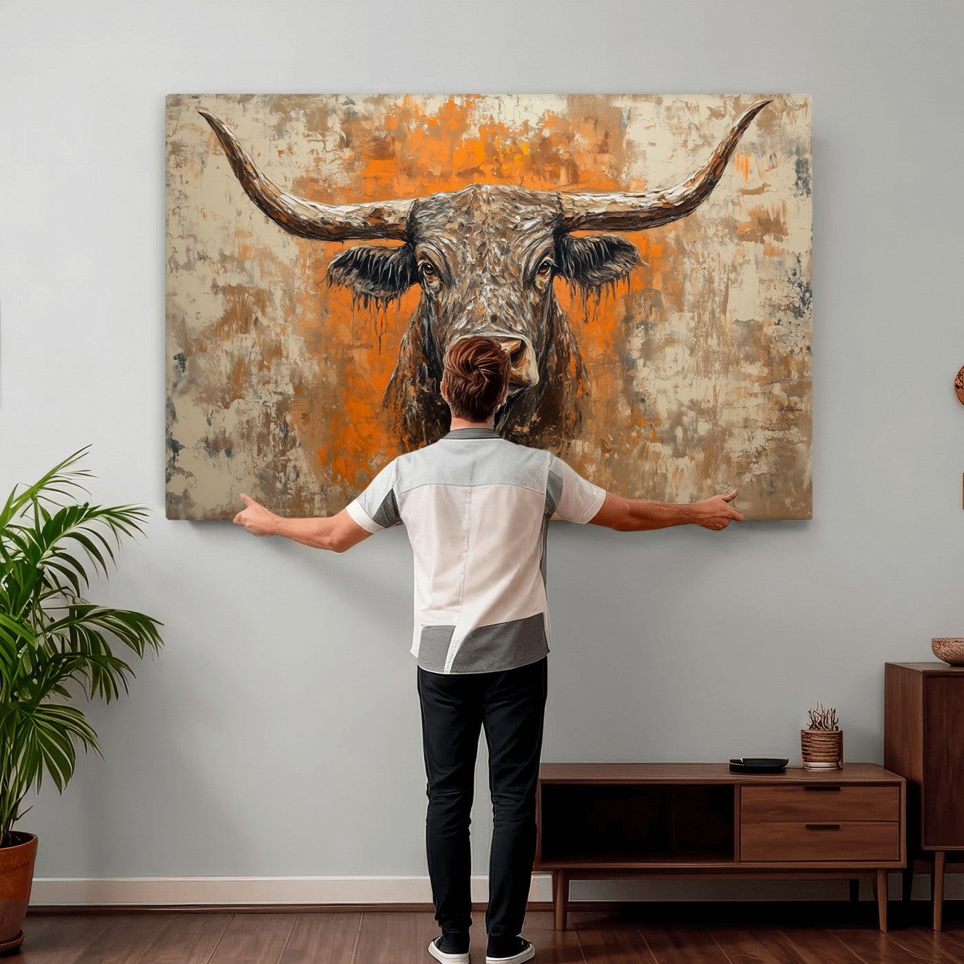 49976-MGV-CV-36X24 - Abstract Cow Longhorn Bull Wall Art Canvas Print - Rustic Texas Western Cattle Artwork