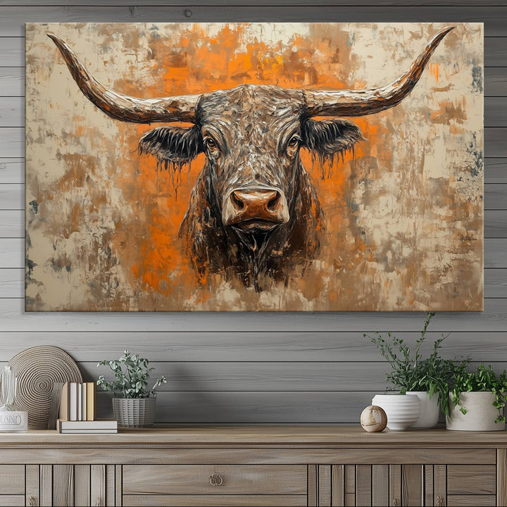 Abstract Cow Longhorn Bull Wall Art Canvas Print - Rustic Texas Western Cattle Artwork