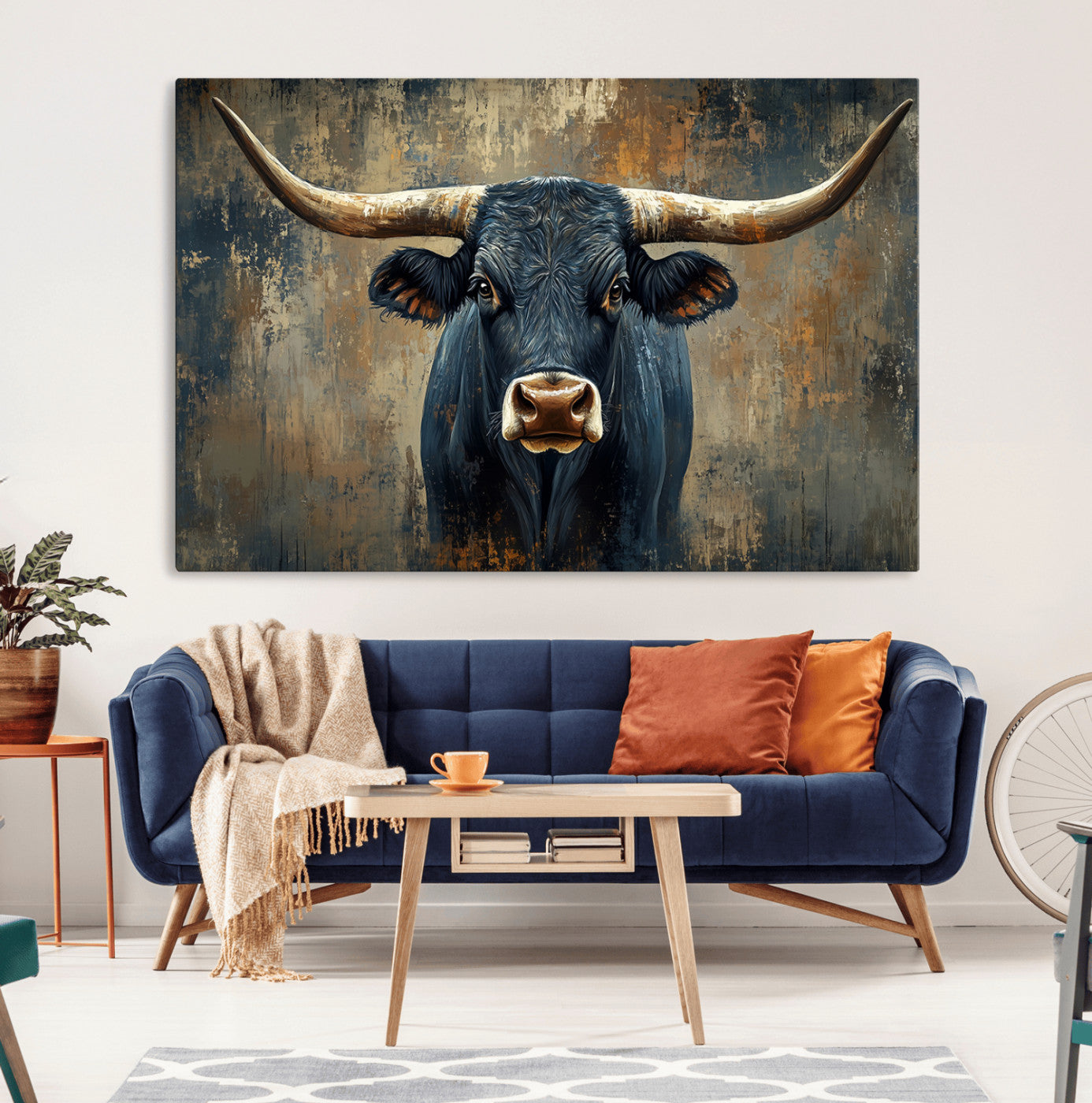 MGV-CV-36X24 - Texas Western Wall Art Canvas Print - Abstract Cow Longhorn Bull Wall Art Canvas Print - Rustic Cow