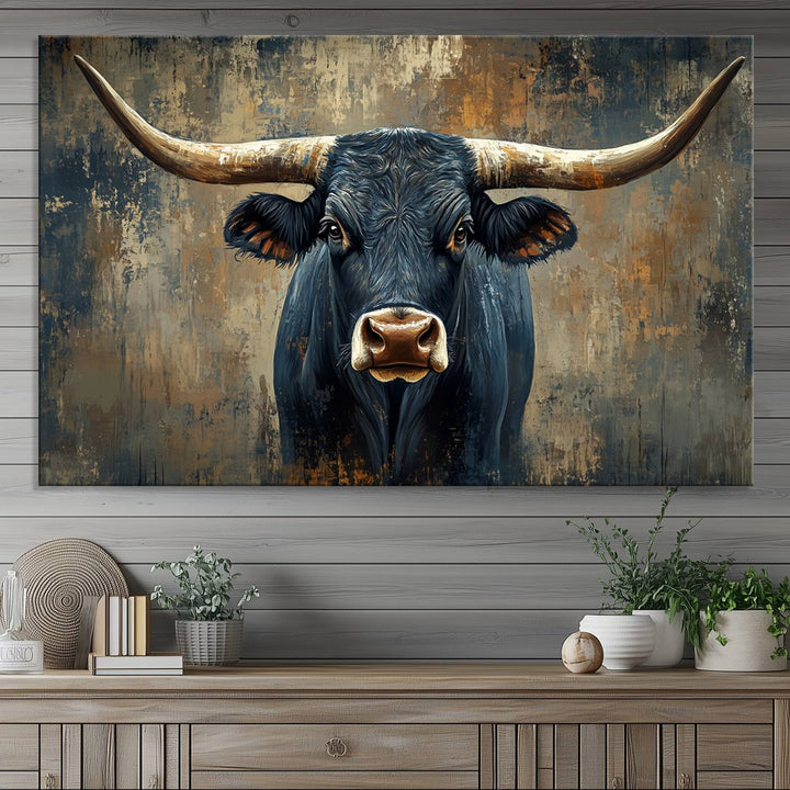 Abstract Cow Longhorn Bull Wall Art Canvas Print - Rustic Texas Western Cattle Artwork