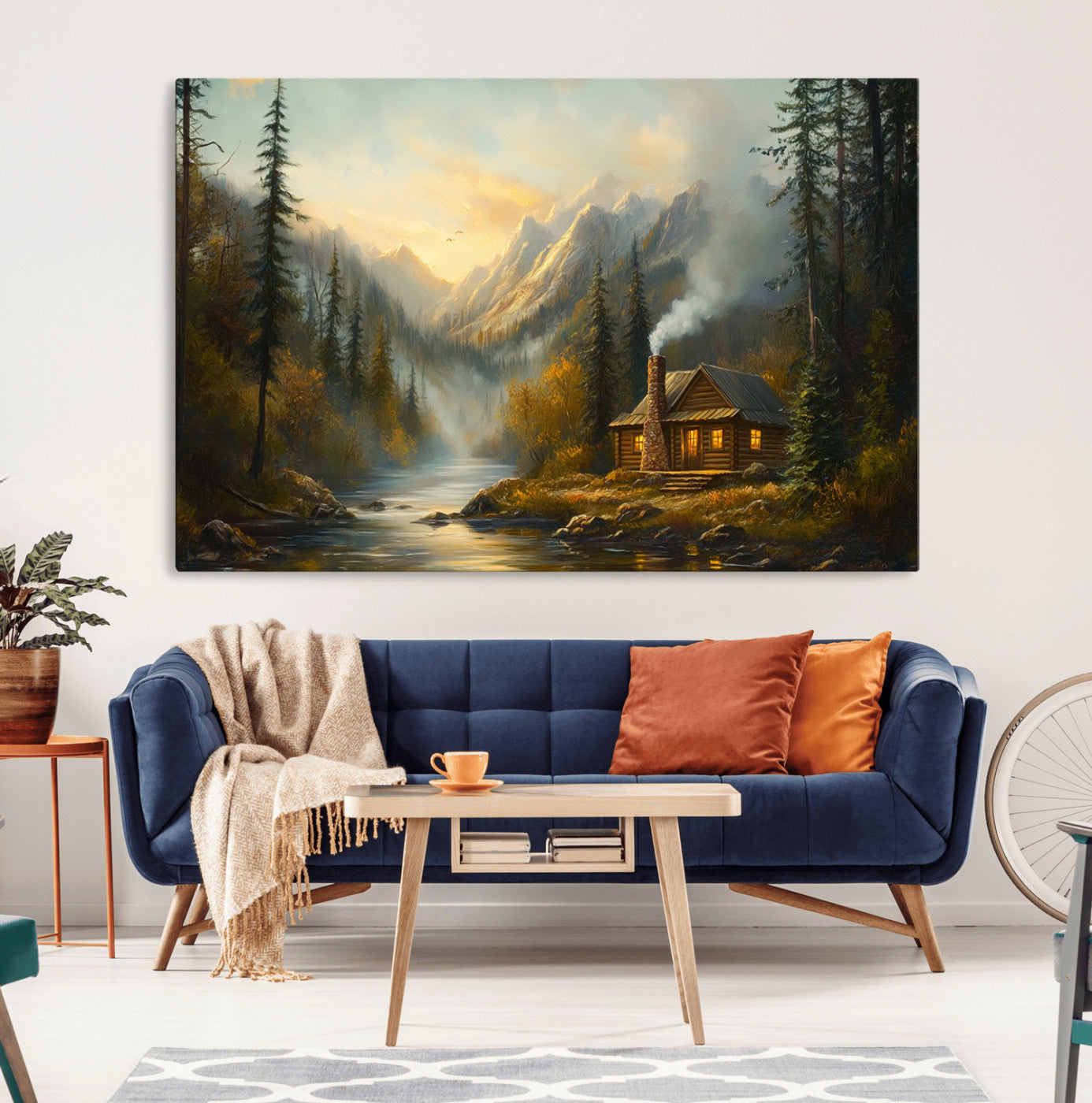 76464-MGV-CV-36X24-Wood Cabin Retreat Mountain at Sunset Wall Art Print - Serene Forest and River Landscape Wall Art