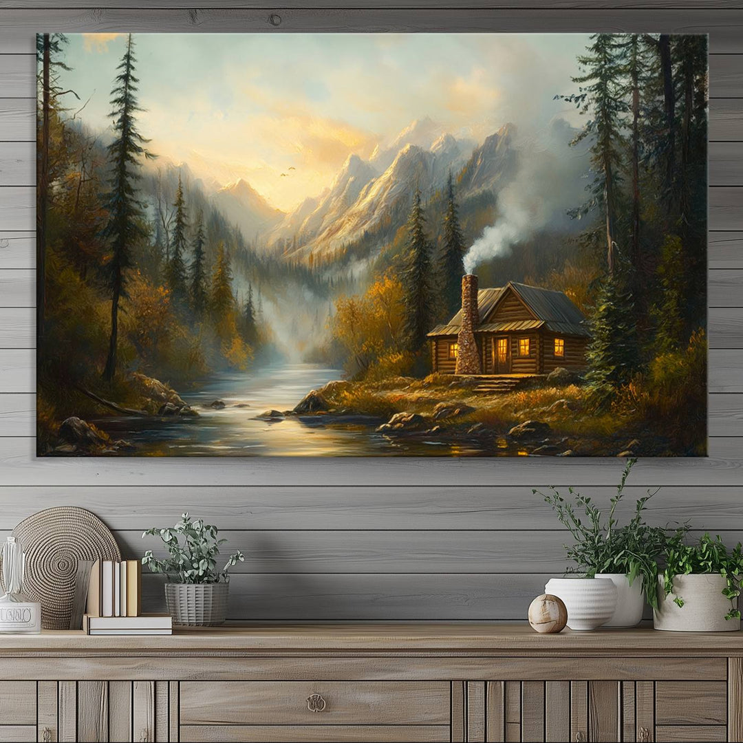 Wood Cabin Retreat Mountain at Sunset Wall Art Print - Serene Forest and River Landscape Wall Art Canvas Print